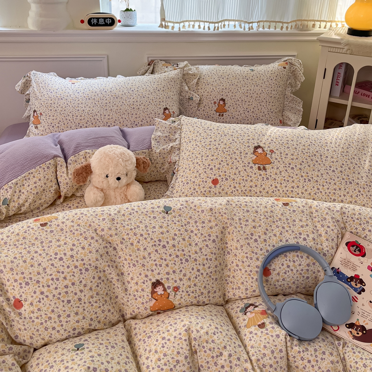 91家纺网 家纺一手货源 找家纺 摩妮卡 2026新款泡泡纱韩版印花花边四件套 玫果少女