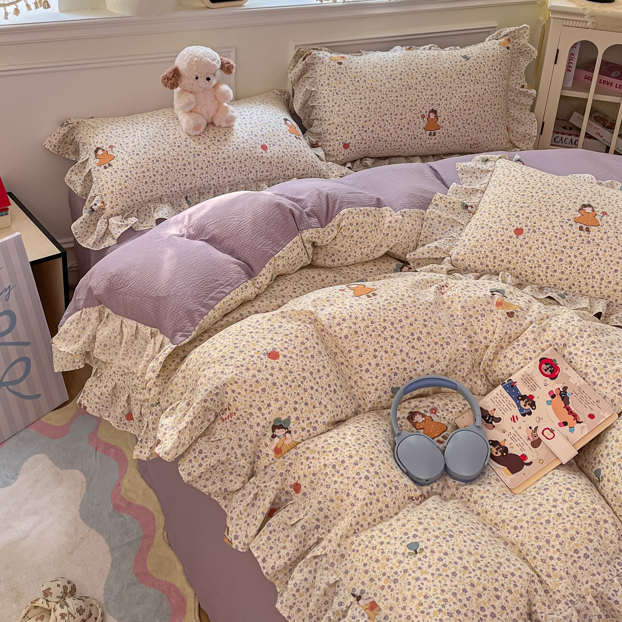 91家纺网 家纺一手货源 找家纺 摩妮卡 2026新款泡泡纱韩版印花花边四件套 玫果少女