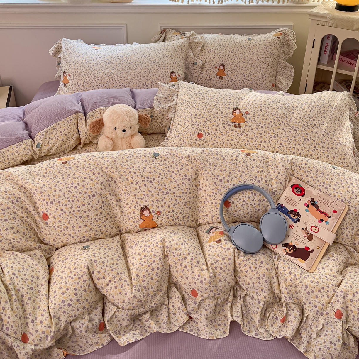 91家纺网 家纺一手货源 找家纺 摩妮卡 2026新款泡泡纱韩版印花花边四件套 玫果少女