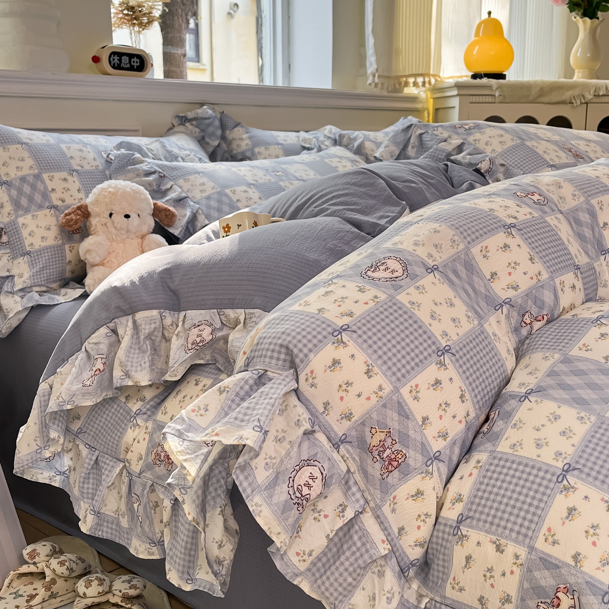 摩妮卡 2026新款泡泡纱韩版印花花边四件套 木马乐园