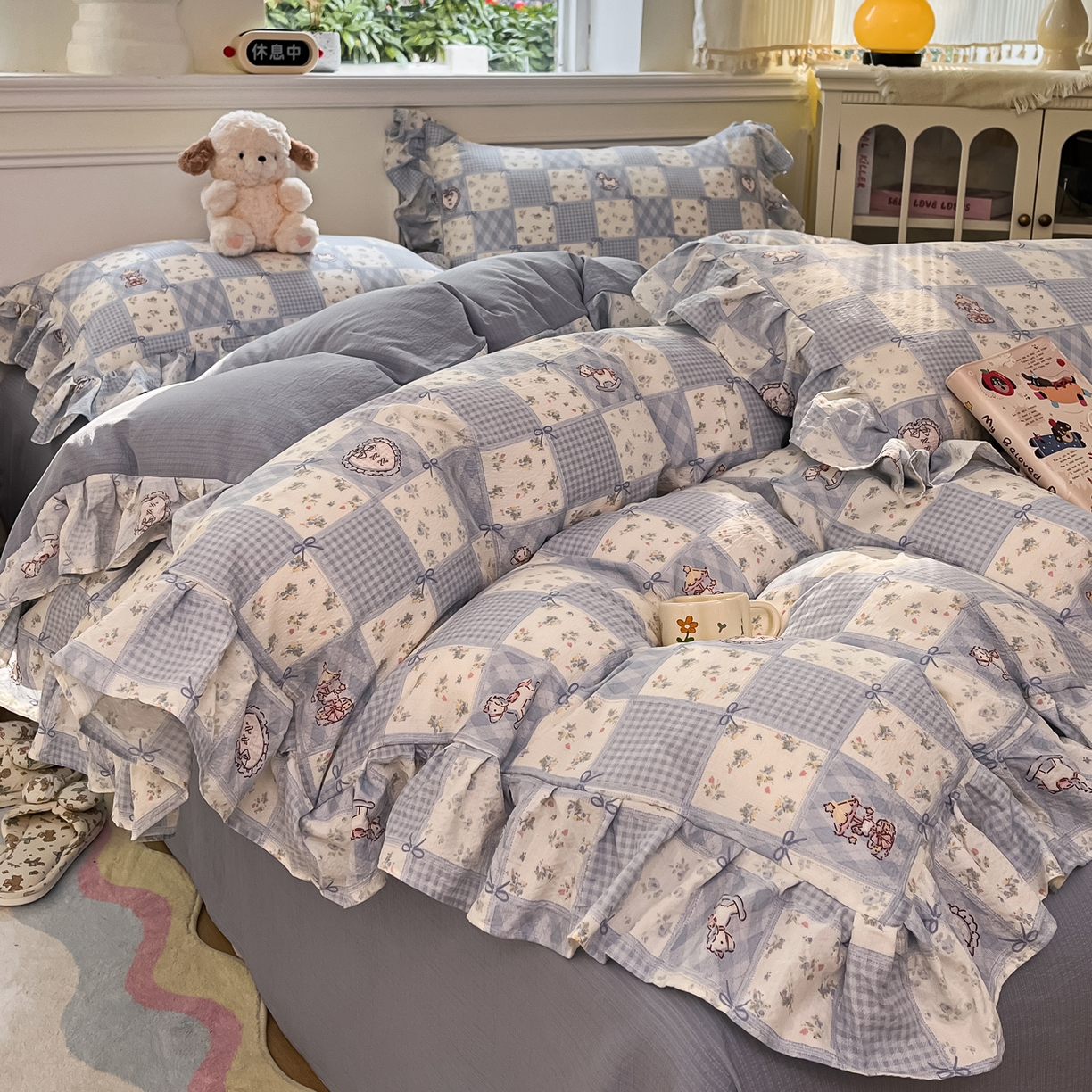 91家纺网 家纺一手货源 找家纺 摩妮卡 2026新款泡泡纱韩版印花花边四件套 木马乐园