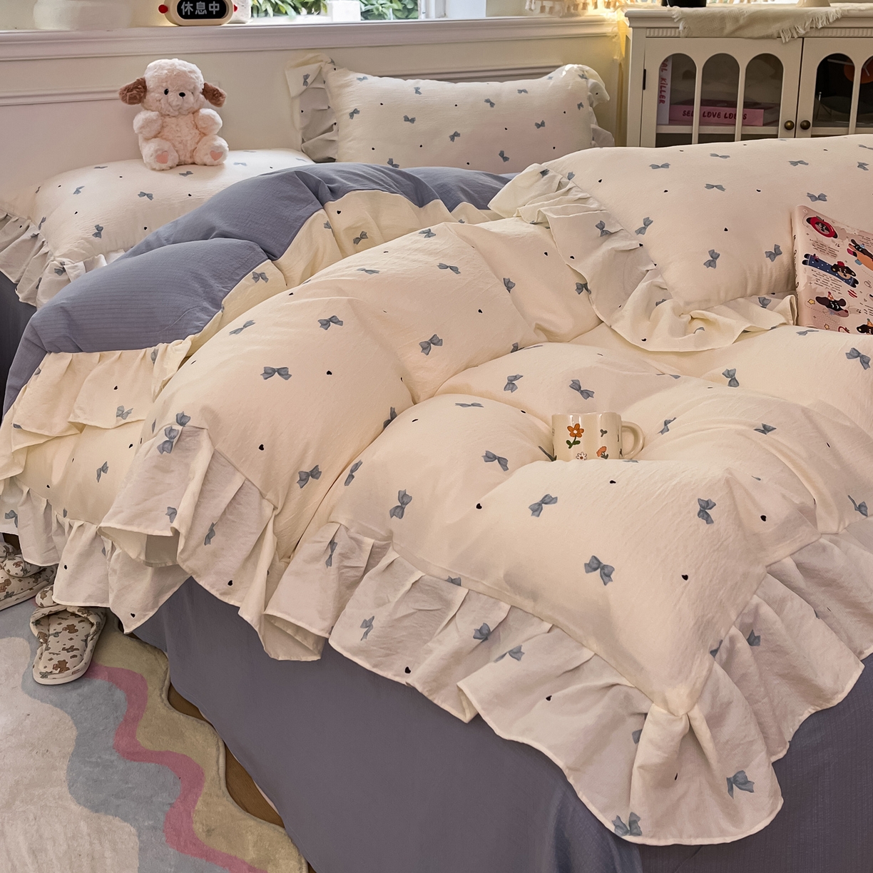 91家纺网 家纺一手货源 找家纺 摩妮卡 2026新款泡泡纱韩版印花花边四件套 蓝色蝴蝶结