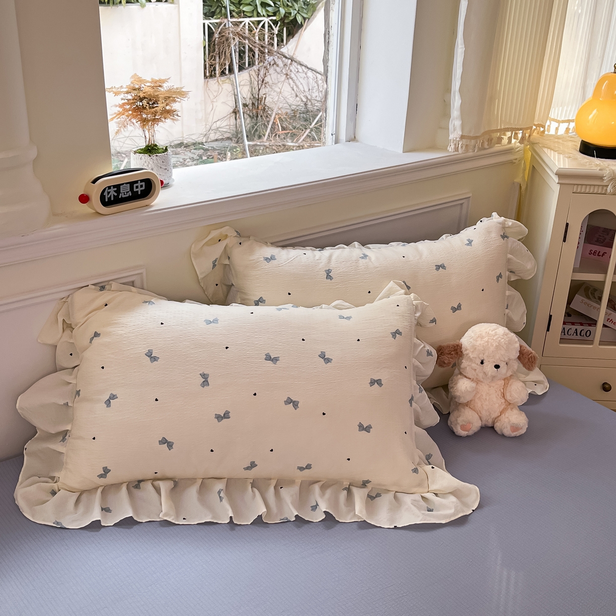 91家纺网 家纺一手货源 找家纺 摩妮卡 2026新款泡泡纱韩版印花花边四件套 蓝色蝴蝶结