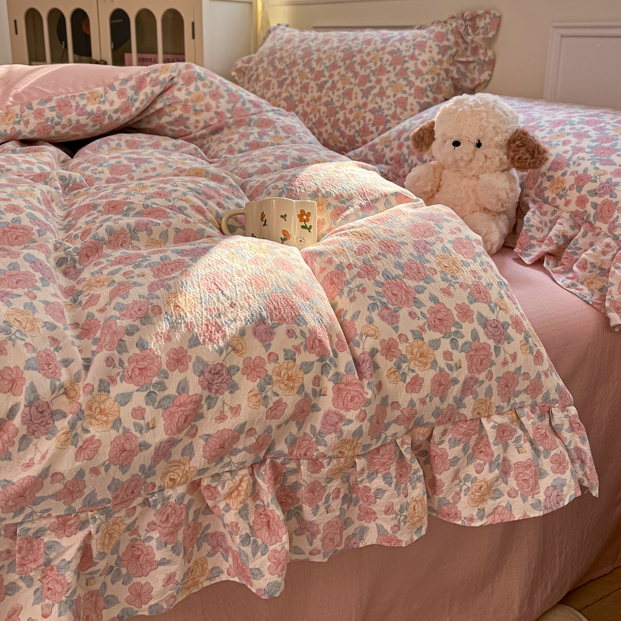 91家纺网 家纺一手货源 找家纺 摩妮卡 2026新款泡泡纱韩版印花花边四件套 玫瑰花园