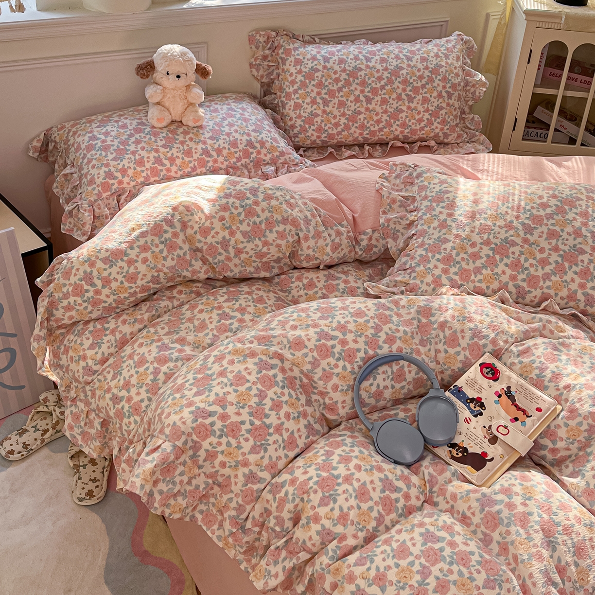 91家纺网 家纺一手货源 找家纺 摩妮卡 2026新款泡泡纱韩版印花花边四件套 玫瑰花园