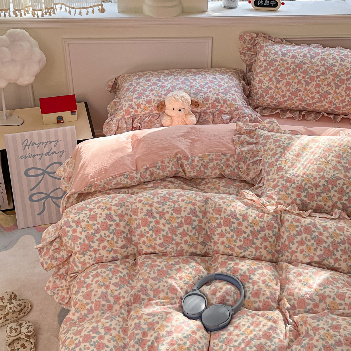 91家纺网 家纺一手货源 找家纺 摩妮卡 2026新款泡泡纱韩版印花花边四件套 玫瑰花园