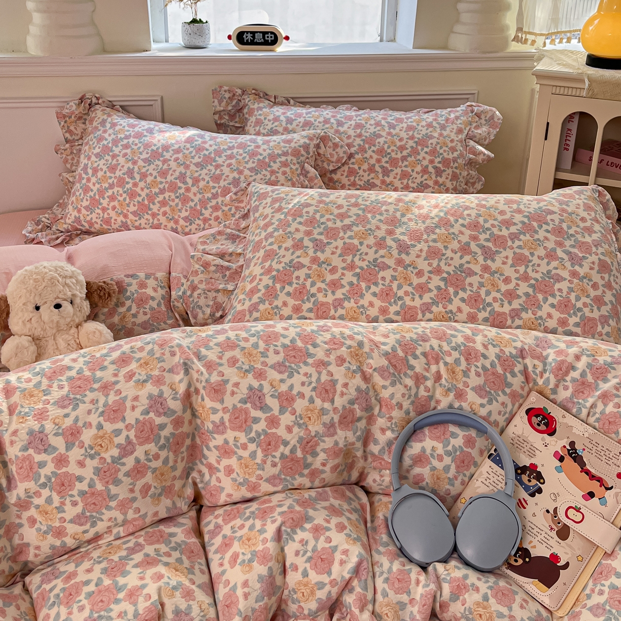 91家纺网 家纺一手货源 找家纺 摩妮卡 2026新款泡泡纱韩版印花花边四件套 玫瑰花园