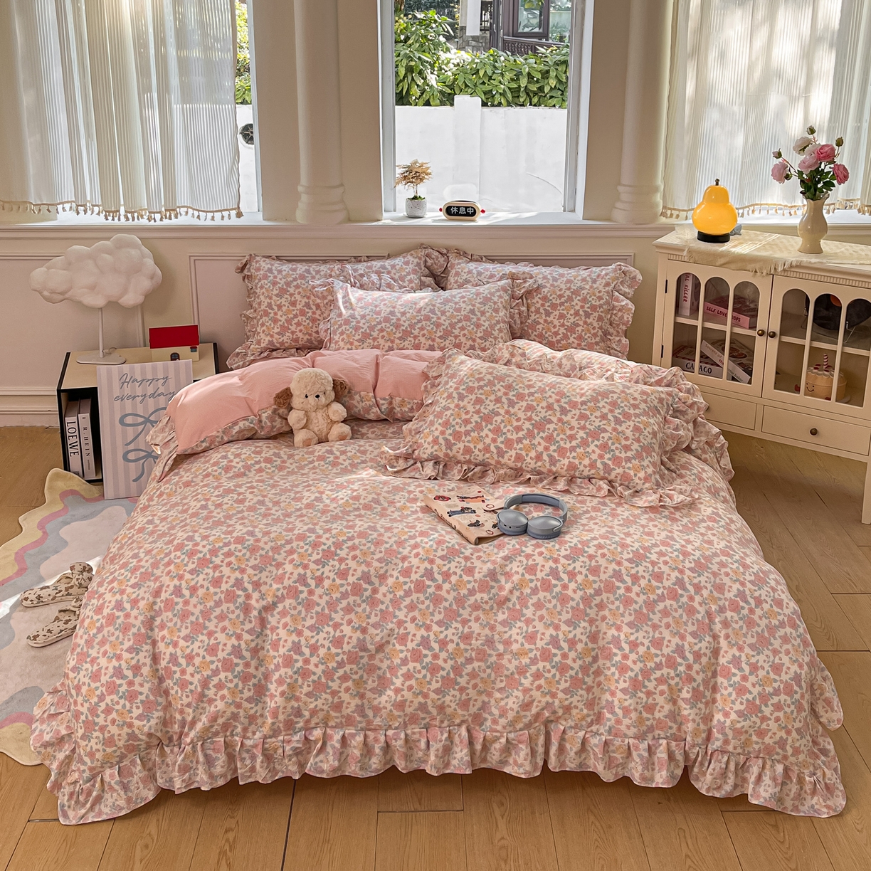 91家纺网 家纺一手货源 找家纺 摩妮卡 2026新款泡泡纱韩版印花花边四件套 玫瑰花园