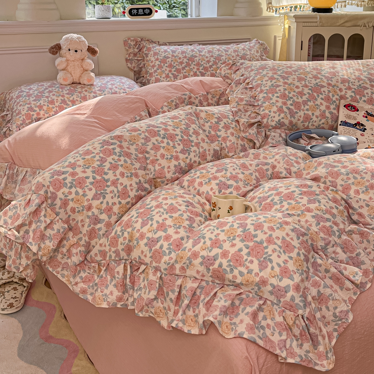 91家纺网 家纺一手货源 找家纺 摩妮卡 2026新款泡泡纱韩版印花花边四件套 玫瑰花园