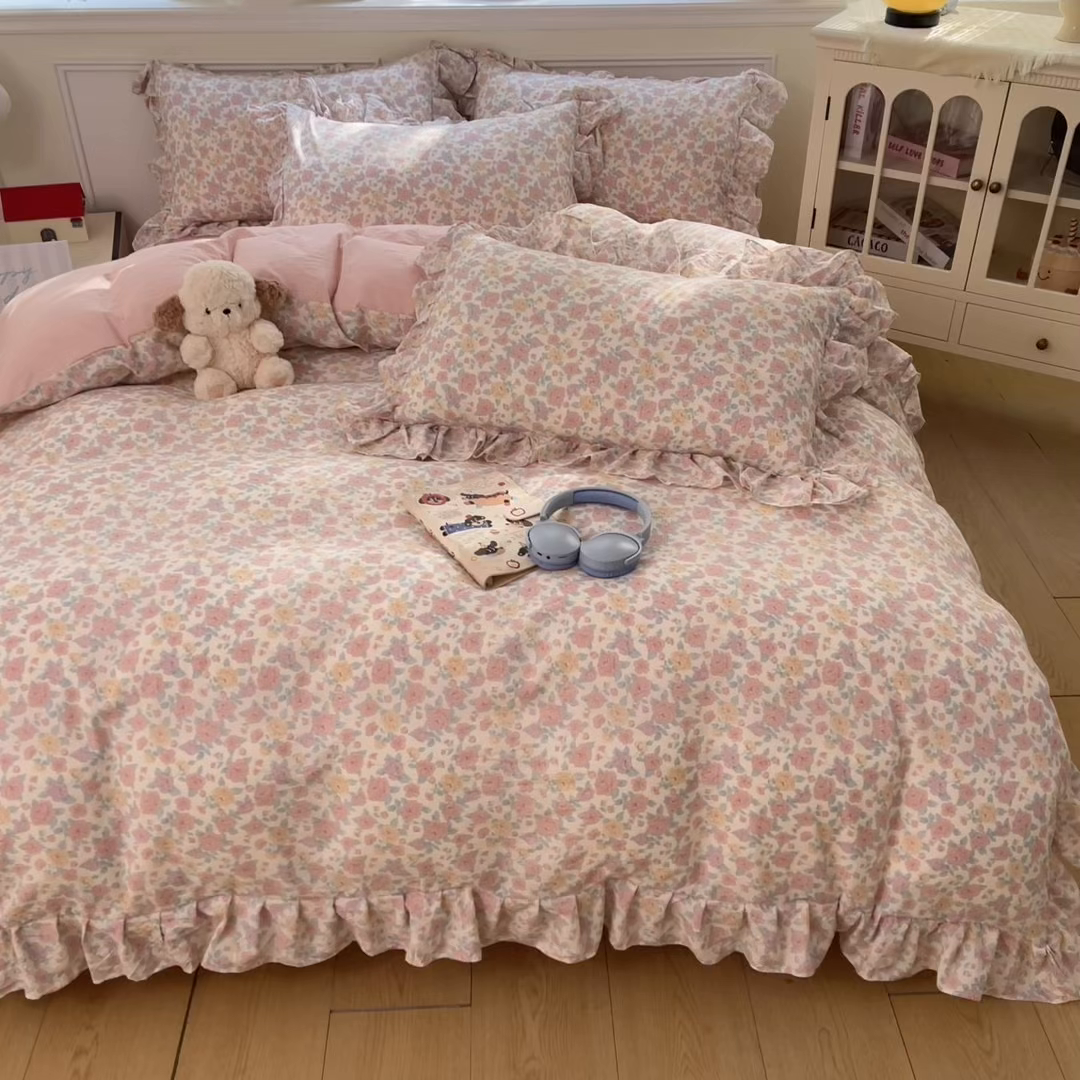 91家纺网 家纺一手货源 找家纺 摩妮卡 2026新款泡泡纱韩版印花花边四件套 玫瑰花园