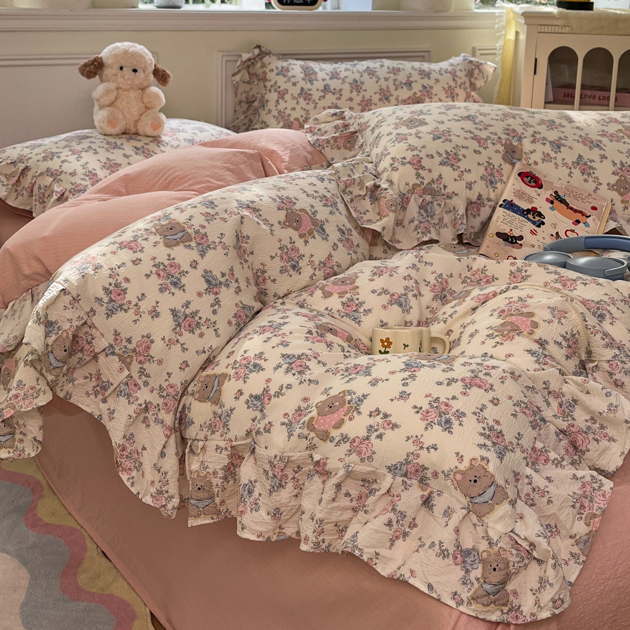 91家纺网 家纺一手货源 找家纺 摩妮卡 2026新款泡泡纱韩版印花花边四件套 玫瑰小狗