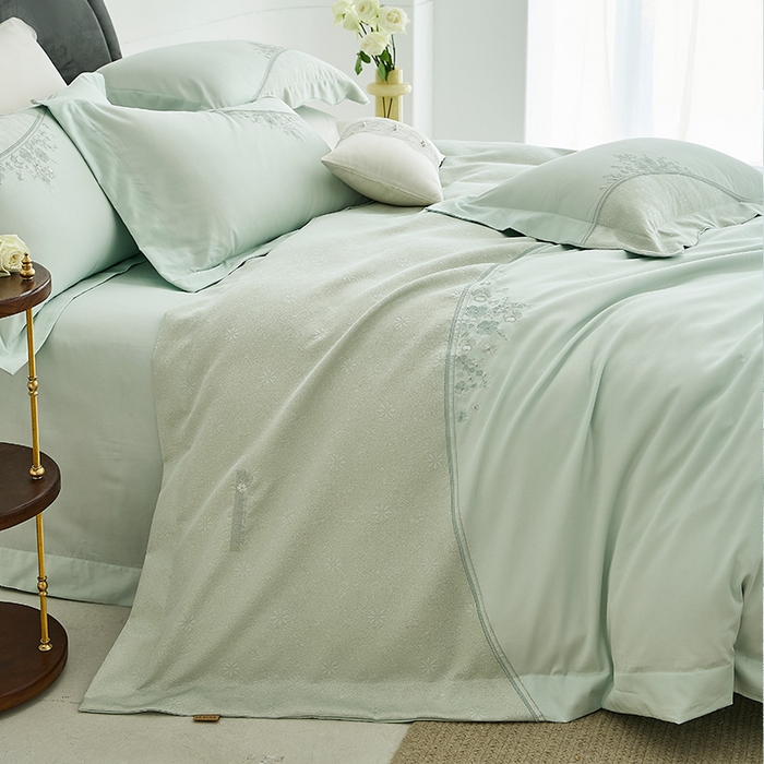 91家纺网 家纺一手货源 找家纺 诗黛尔 2026春夏新款提花长绒棉拼接刺绣四件套格蕾丝系列（会员-20） 格蕾丝-梵星绿