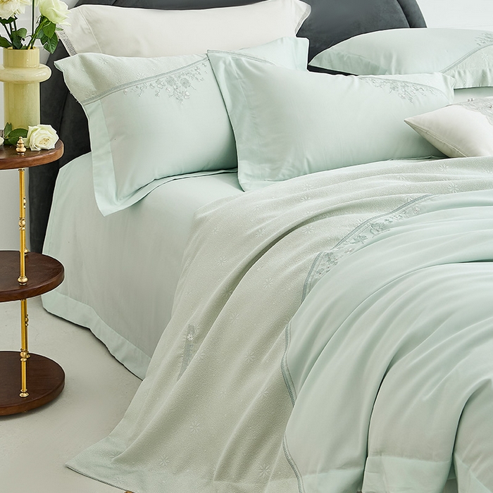 91家纺网 家纺一手货源 找家纺 诗黛尔 2026春夏新款提花长绒棉拼接刺绣四件套格蕾丝系列（会员-20） 格蕾丝-梵星绿