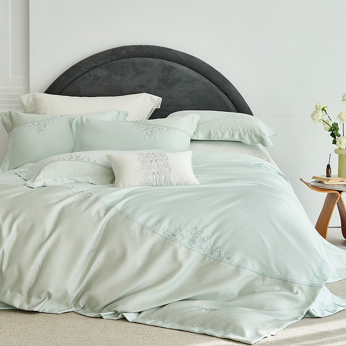 91家纺网 家纺一手货源 找家纺 诗黛尔 2026春夏新款提花长绒棉拼接刺绣四件套格蕾丝系列（会员-20） 格蕾丝-梵星绿