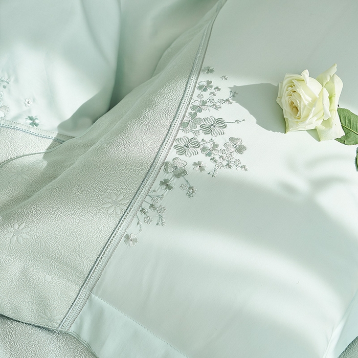 91家纺网 家纺一手货源 找家纺 诗黛尔 2026春夏新款提花长绒棉拼接刺绣四件套格蕾丝系列（会员-20） 格蕾丝-梵星绿