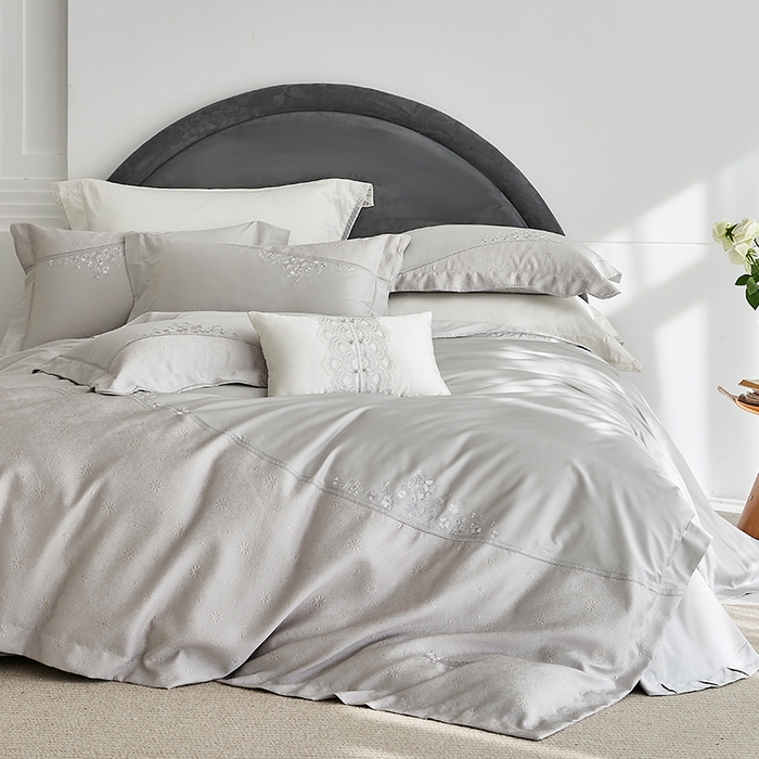 91家纺网 家纺一手货源 找家纺 诗黛尔 2026春夏新款提花长绒棉拼接刺绣四件套格蕾丝系列（会员-20） 格蕾丝-云石灰