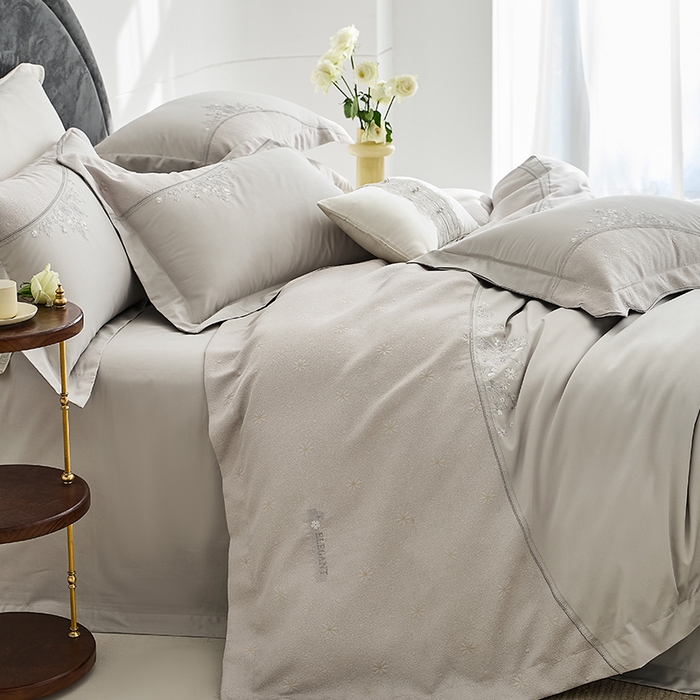 91家纺网 家纺一手货源 找家纺 诗黛尔 2026春夏新款提花长绒棉拼接刺绣四件套格蕾丝系列（会员-20） 格蕾丝-云石灰