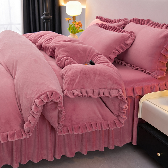 91家纺网 家纺一手货源 找家纺 （总）优家居工厂店 2026新款纯色韩版牛奶绒花边床裙床笠四件套单件被套直播爆款