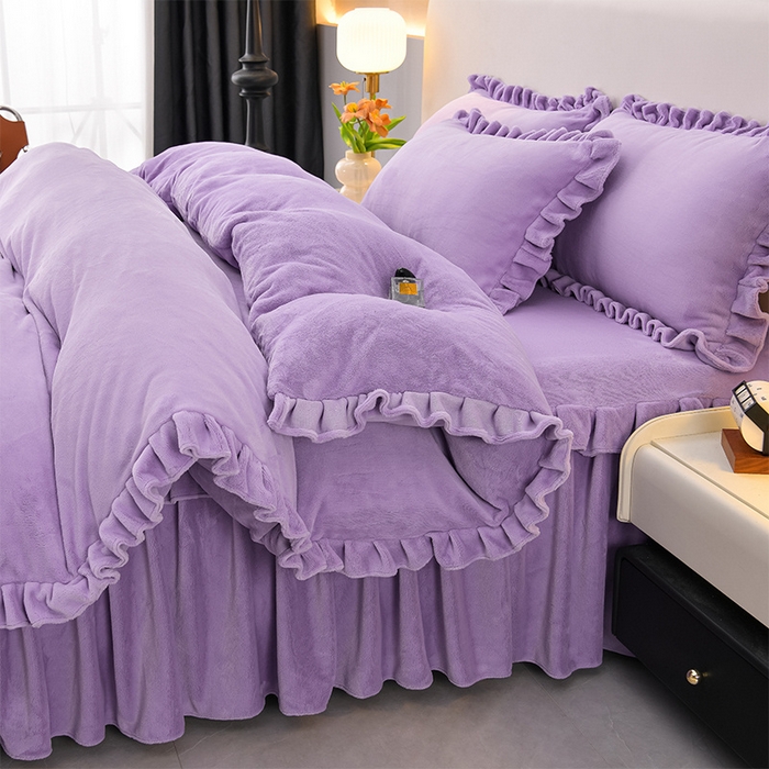 91家纺网 家纺一手货源 找家纺 （总）优家居工厂店 2026新款纯色韩版牛奶绒花边床裙床笠四件套单件被套直播爆款