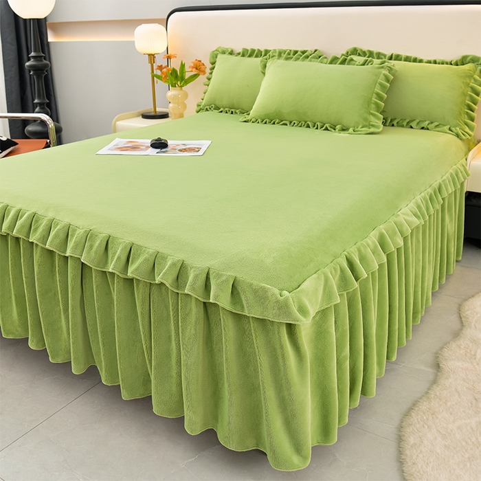 91家纺网 家纺一手货源 找家纺 优家居工厂店 2026新款纯色韩版牛奶绒花边床裙床笠四件套单件被套直播爆款 盛世-翠绿