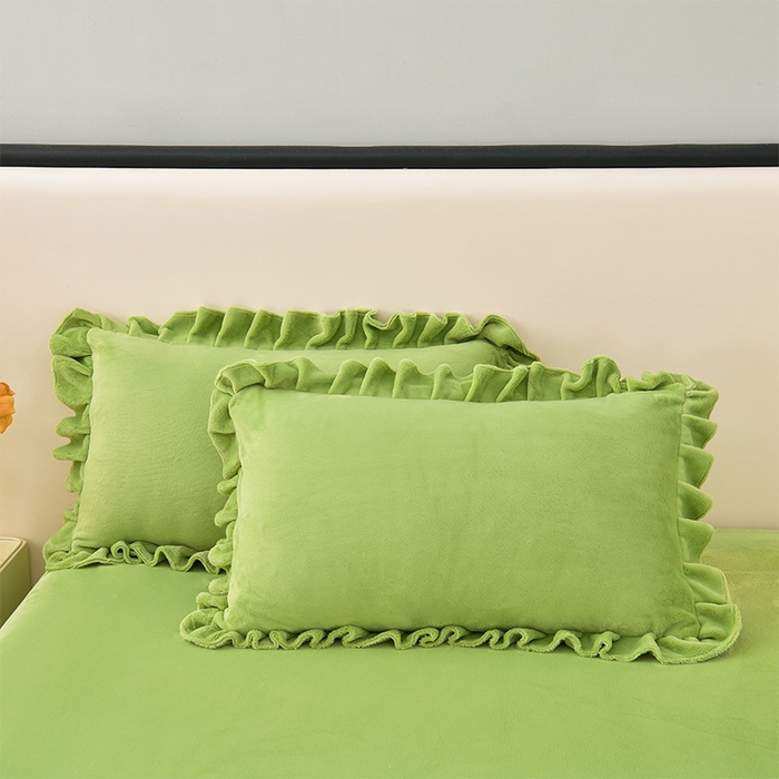 91家纺网 家纺一手货源 找家纺 优家居工厂店 2026新款纯色韩版牛奶绒花边床裙床笠四件套单件被套直播爆款 盛世-翠绿