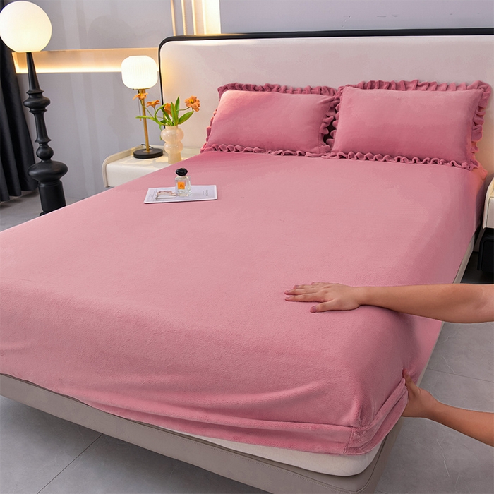 91家纺网 家纺一手货源 找家纺 优家居工厂店 2026新款纯色韩版牛奶绒花边床裙床笠四件套单件被套直播爆款 盛世-豆沙