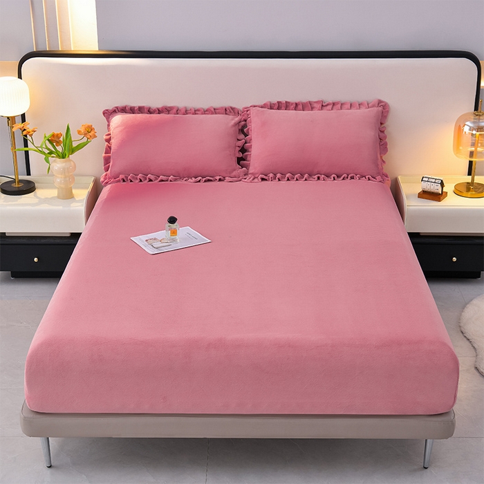 91家纺网 家纺一手货源 找家纺 优家居工厂店 2026新款纯色韩版牛奶绒花边床裙床笠四件套单件被套直播爆款 盛世-豆沙