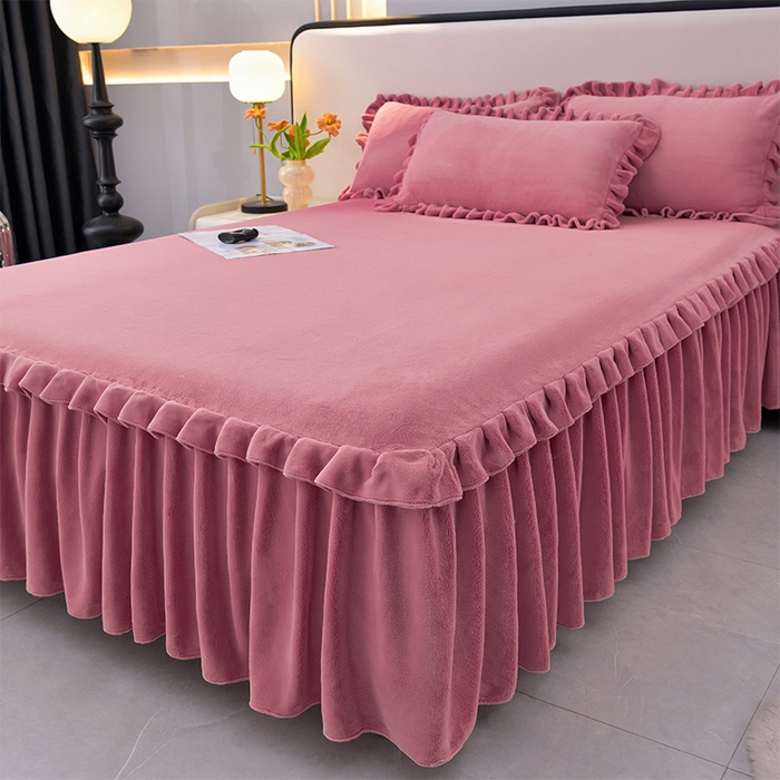 91家纺网 家纺一手货源 找家纺 优家居工厂店 2026新款纯色韩版牛奶绒花边床裙床笠四件套单件被套直播爆款 盛世-豆沙