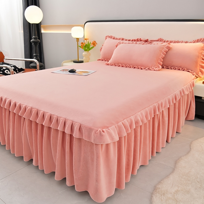 91家纺网 家纺一手货源 找家纺 优家居工厂店 2026新款纯色韩版牛奶绒花边床裙床笠四件套单件被套直播爆款 盛世-粉玉