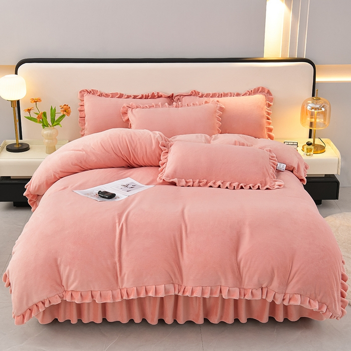 91家纺网 家纺一手货源 找家纺 优家居工厂店 2026新款纯色韩版牛奶绒花边床裙床笠四件套单件被套直播爆款 盛世-粉玉