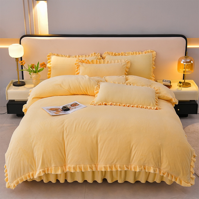 91家纺网 家纺一手货源 找家纺 优家居工厂店 2026新款纯色韩版牛奶绒花边床裙床笠四件套单件被套直播爆款 盛世-杏黄