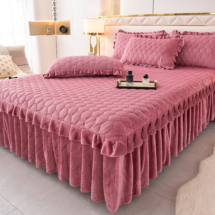 91家纺网 家纺一手货源 找家纺 优家居工厂店 2026新款纯色韩版花边牛奶绒夹棉床裙床罩加厚外贸直播 盛世-豆沙