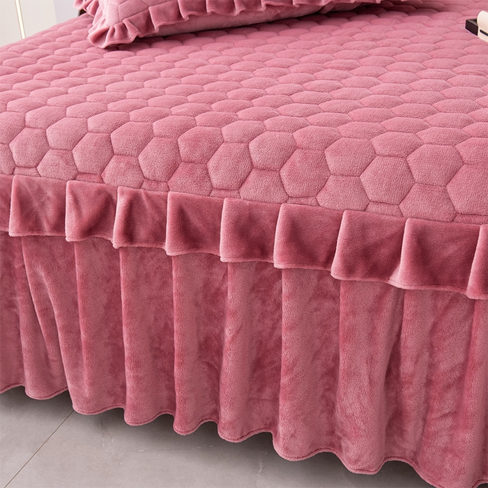 91家纺网 家纺一手货源 找家纺 优家居工厂店 2026新款纯色韩版花边牛奶绒夹棉床裙床罩加厚外贸直播 盛世-豆沙