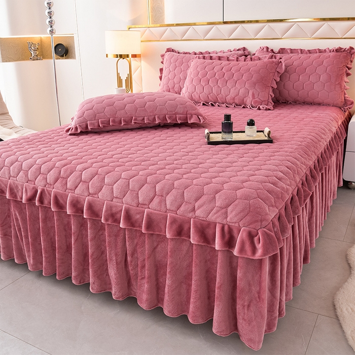 91家纺网 家纺一手货源 找家纺 优家居工厂店 2026新款纯色韩版花边牛奶绒夹棉床裙床罩加厚外贸直播 盛世-豆沙