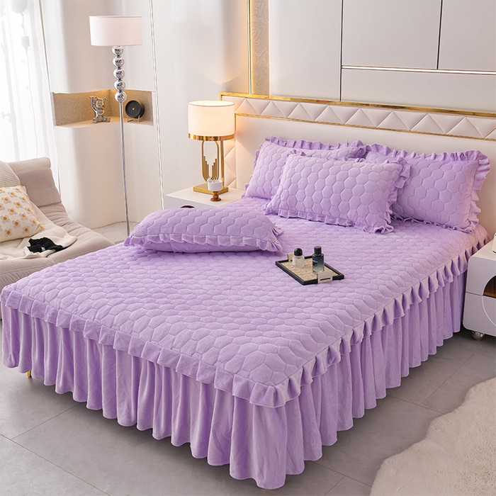 91家纺网 家纺一手货源 找家纺 优家居工厂店 2026新款纯色韩版花边牛奶绒夹棉床裙床罩加厚外贸直播 盛世-魅紫