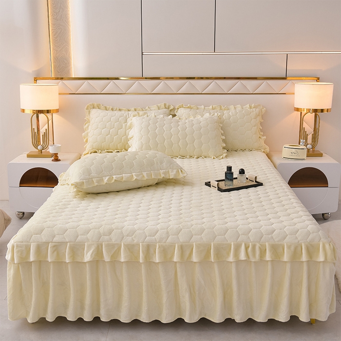 优家居工厂店 2026新款纯色韩版花边牛奶绒夹棉床裙床罩加厚外贸直播 盛世-米白