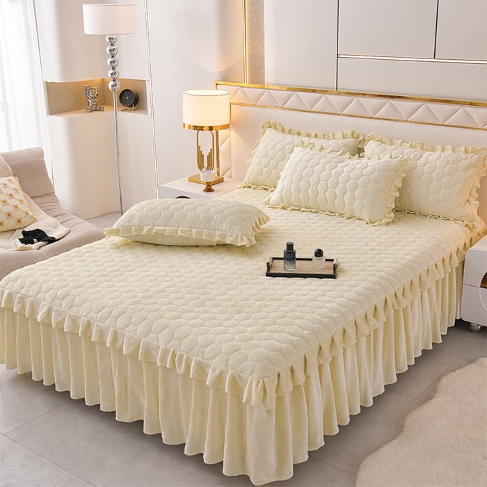 91家纺网 家纺一手货源 找家纺 优家居工厂店 2026新款纯色韩版花边牛奶绒夹棉床裙床罩加厚外贸直播 盛世-米白