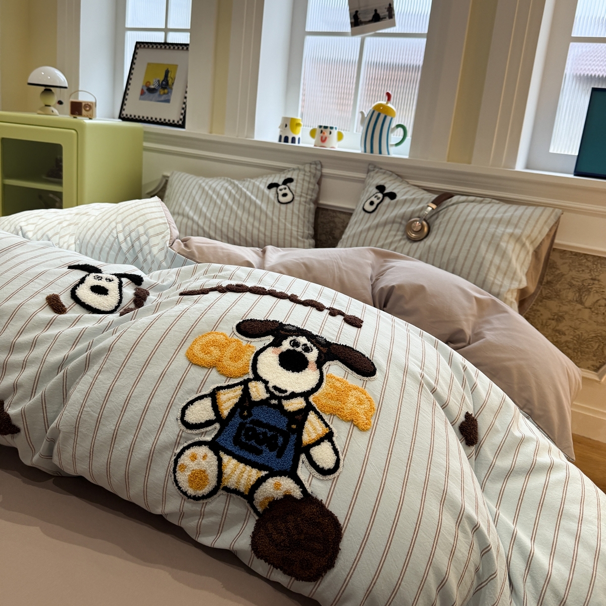 珺柔家纺 2026新款全棉纯棉水洗棉毛巾绣四件套 奶油小狗