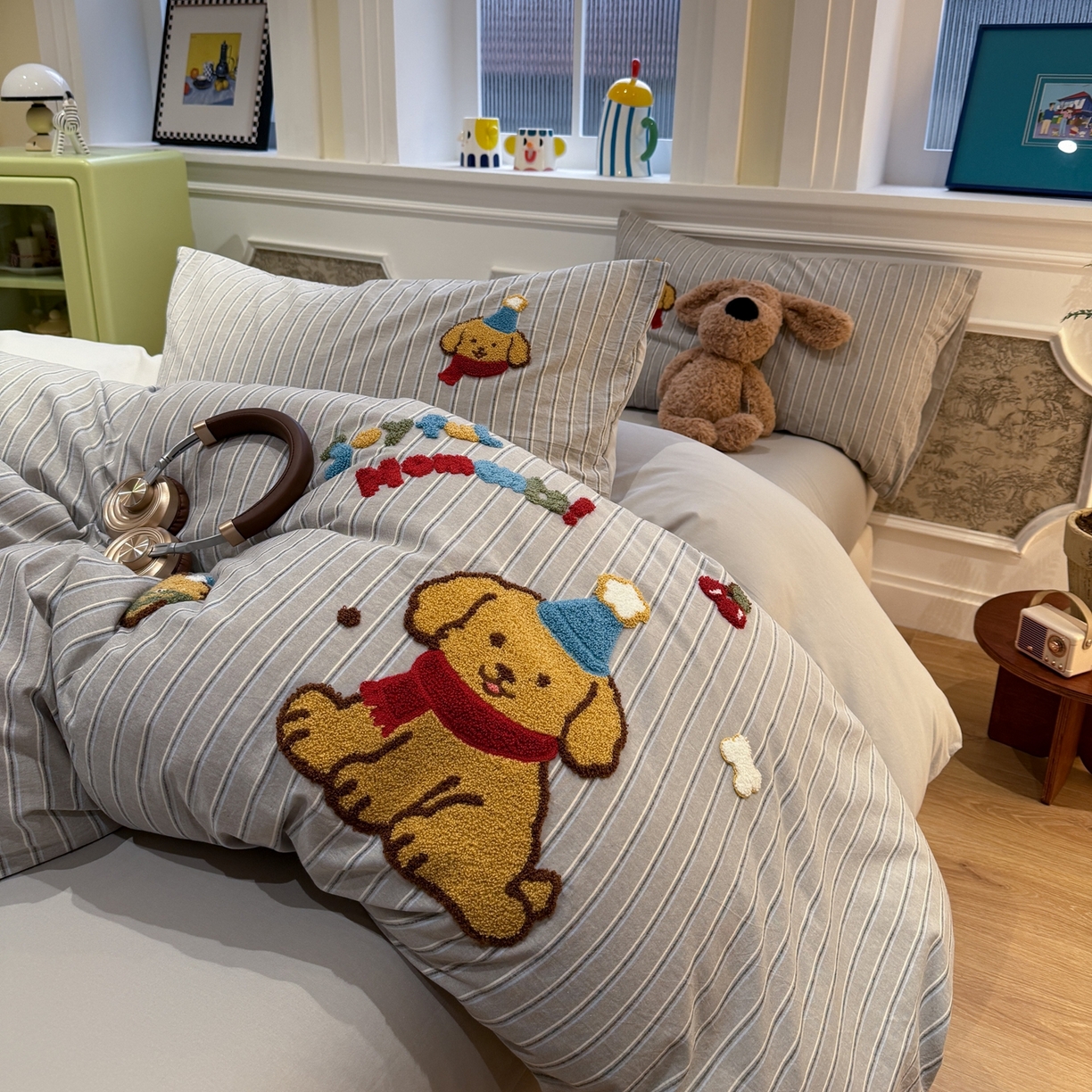 珺柔家纺 2026新款全棉纯棉水洗棉毛巾绣四件套 汉堡小狗