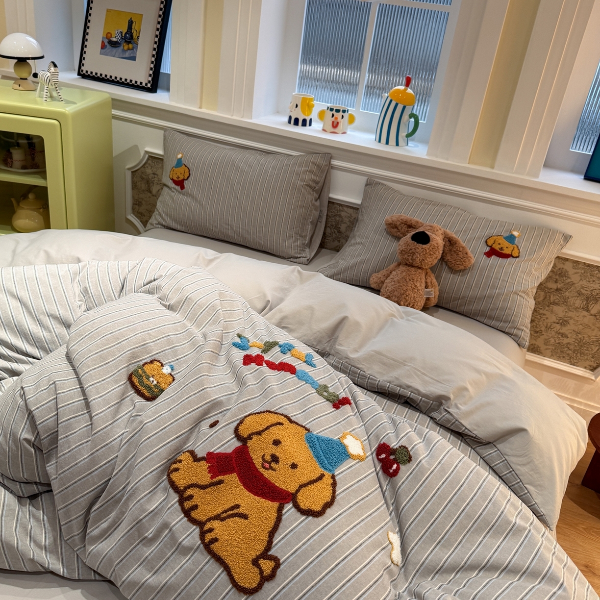 91家纺网 家纺一手货源 找家纺 珺柔家纺 2026新款全棉纯棉水洗棉毛巾绣四件套 汉堡小狗