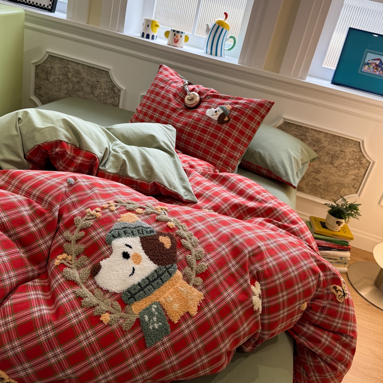 91家纺网 家纺一手货源 找家纺 珺柔家纺 2026新款全棉纯棉水洗棉毛巾绣四件套 花园小狗