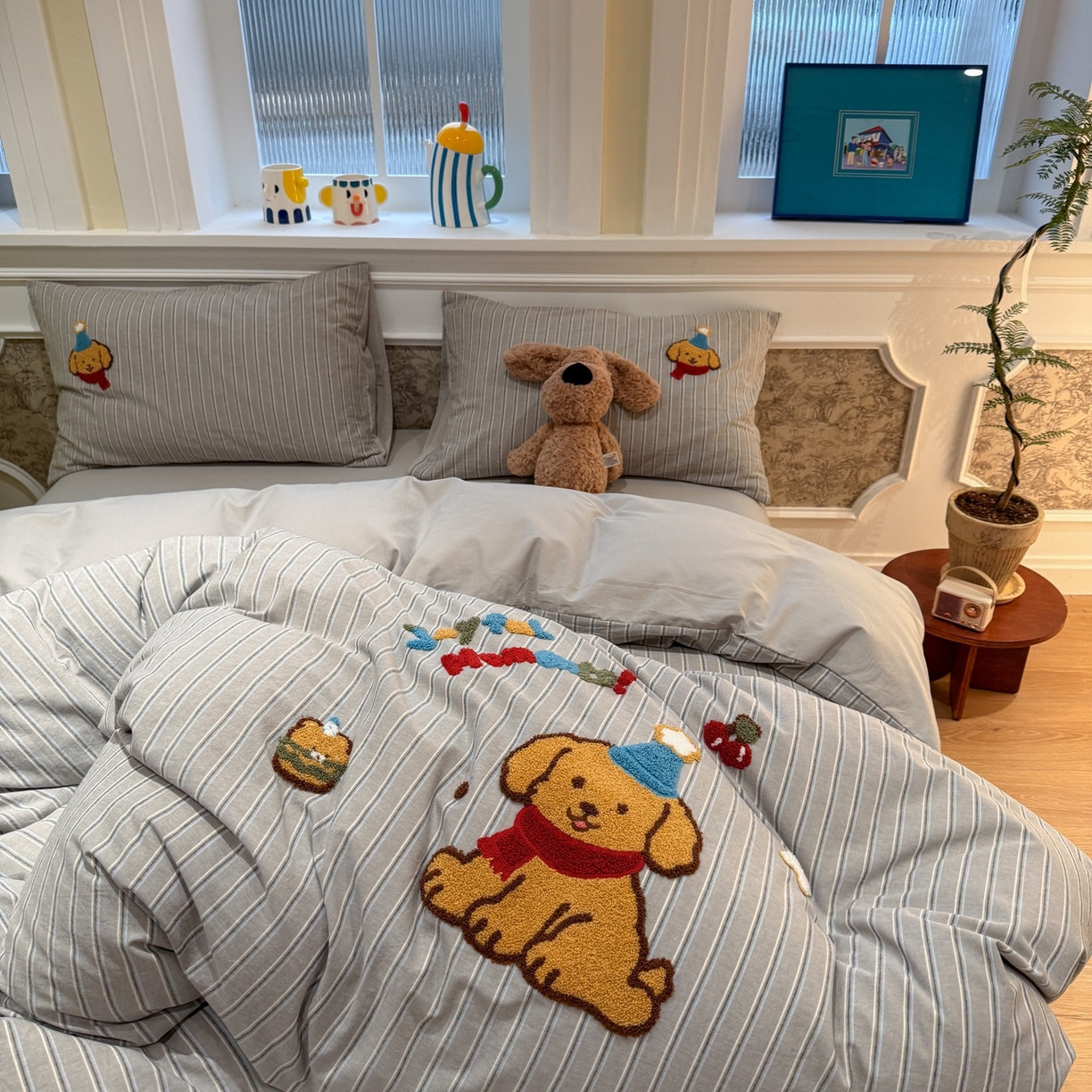 91家纺网 家纺一手货源 找家纺 珺柔家纺 2026新款全棉纯棉水洗棉毛巾绣四件套 汉堡小狗