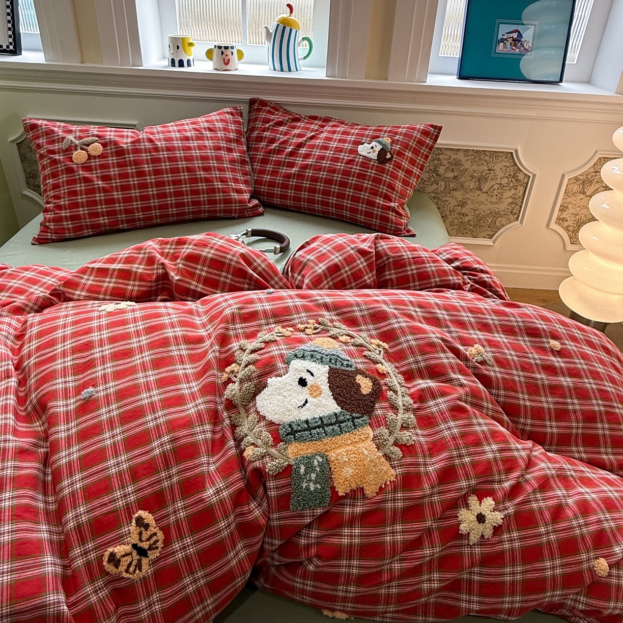 91家纺网 家纺一手货源 找家纺 珺柔家纺 2026新款全棉纯棉水洗棉毛巾绣四件套 花园小狗