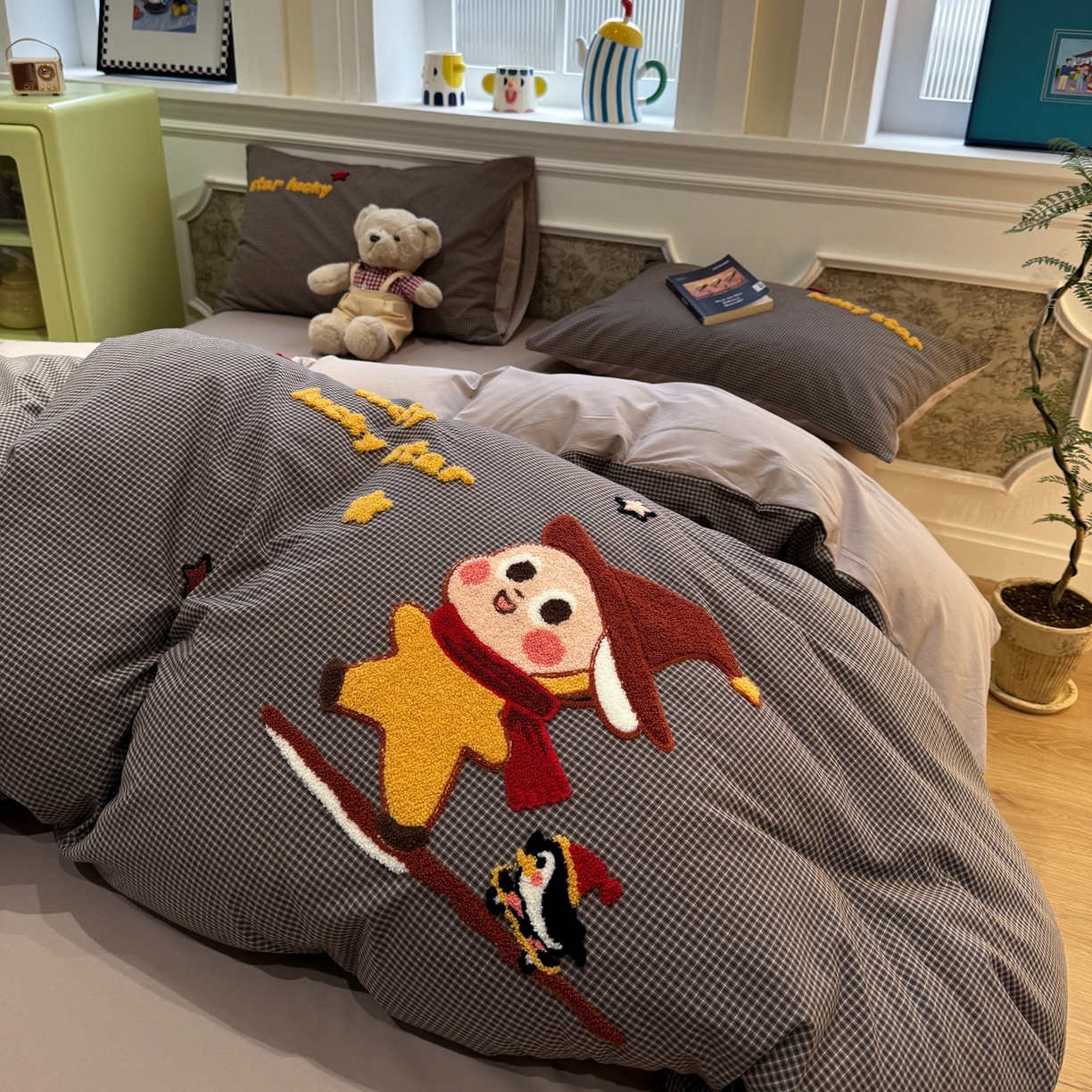 珺柔家纺 2026新款全棉纯棉水洗棉毛巾绣四件套 快乐星