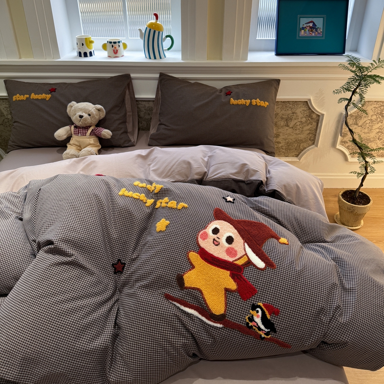 91家纺网 家纺一手货源 找家纺 珺柔家纺 2026新款全棉纯棉水洗棉毛巾绣四件套 快乐星