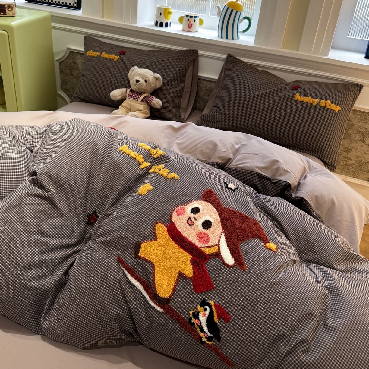 91家纺网 家纺一手货源 找家纺 珺柔家纺 2026新款全棉纯棉水洗棉毛巾绣四件套 快乐星