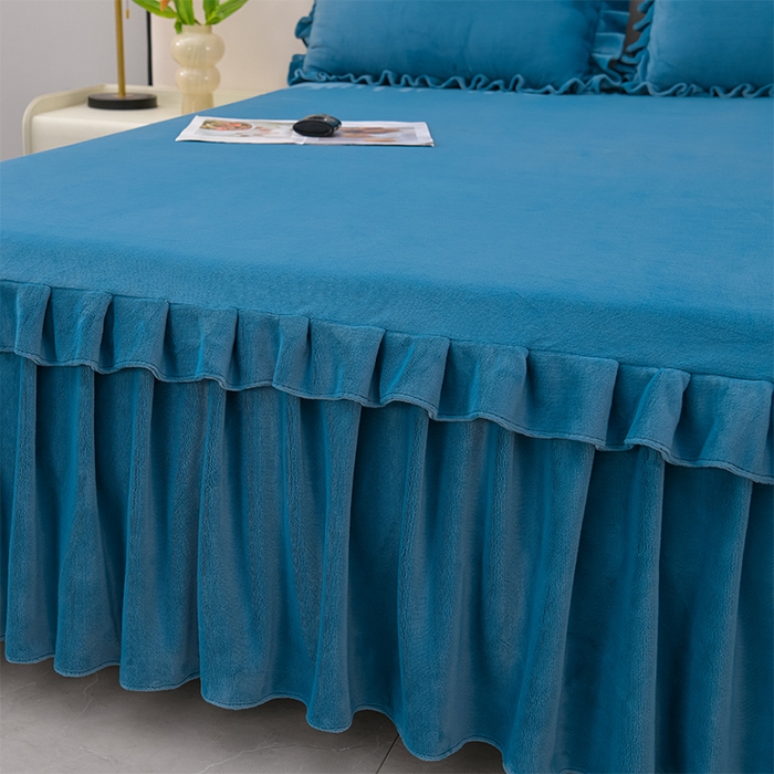 91家纺网 家纺一手货源 找家纺 优家居工厂店 2026新款纯色韩版花边牛奶绒床裙床罩加厚直播外贸可定做 盛世-宝蓝