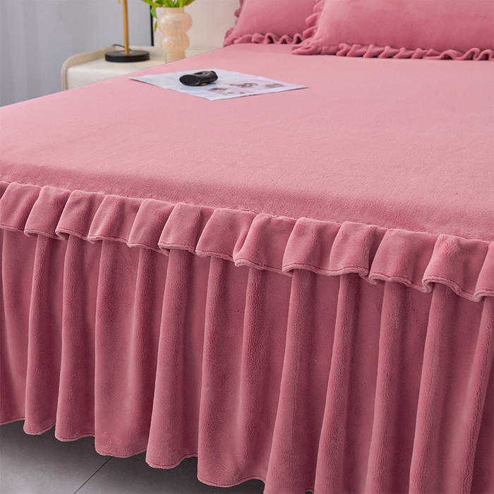 91家纺网 家纺一手货源 找家纺 优家居工厂店 2026新款纯色韩版花边牛奶绒床裙床罩加厚直播外贸可定做 盛世-豆沙