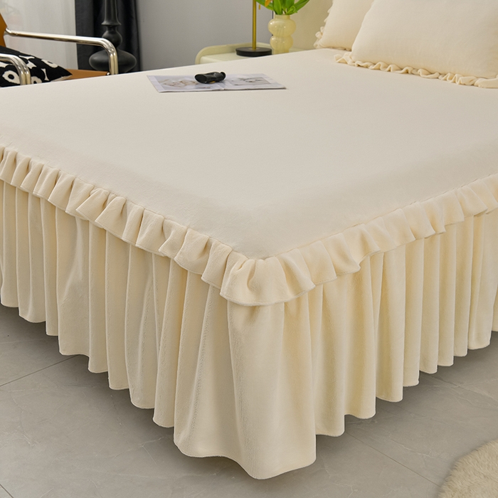 91家纺网 家纺一手货源 找家纺 优家居工厂店 2026新款纯色韩版花边牛奶绒床裙床罩加厚直播外贸可定做 盛世-米白