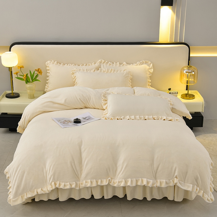 91家纺网 家纺一手货源 找家纺 优家居工厂店 2026新款纯色韩版花边牛奶绒床裙床罩加厚直播外贸可定做 盛世-米白